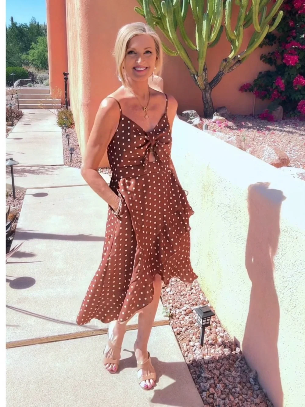 NWT Polka Dot Tie-Front Brown Sundress-S - Picture 2 of 16